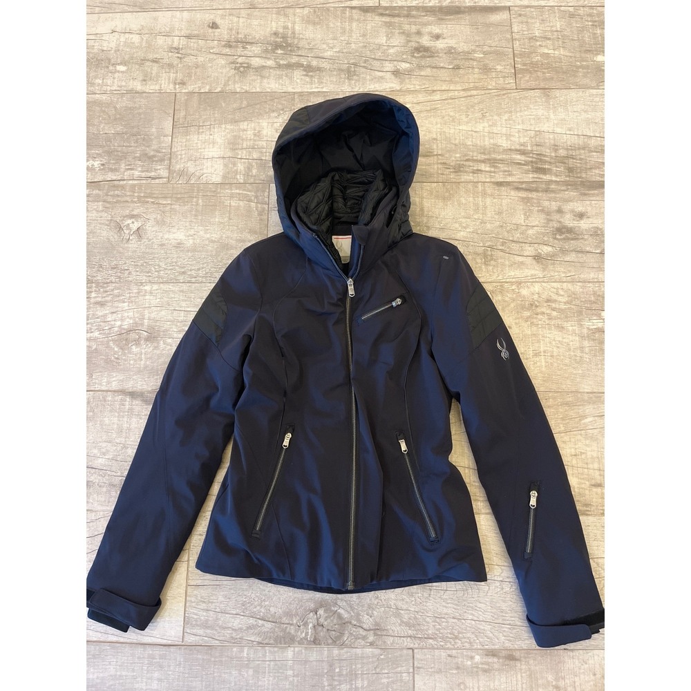 Spyder Women‎ Ski Snowboard Jacket Hooded Navy Blue Size 2 Insulated Warm